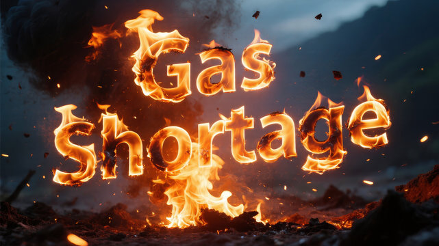 Gas shortage text with burning flames highlighting energy scarcity concept and dramatic illustration with fire effects glowing letters and intense heat