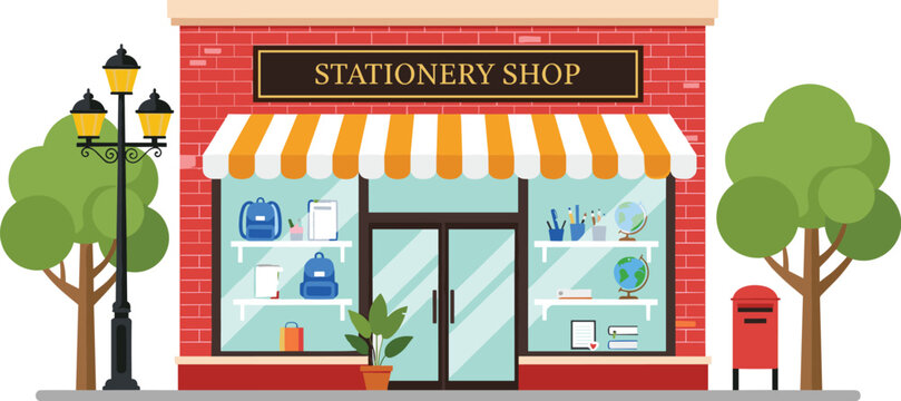 Stationery shop storefront with school supplies display and striped awning retail cartoon vector illustration