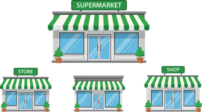 Supermarket and shop storefront set with green awnings retail buildings cartoon vector illustration
