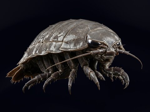 Giant Isopod Bathynomus Full Body Portrait With Armored Exoskeleton and Claws on Black Background