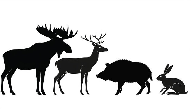 black silhouettes of moose deer boar and rabbit