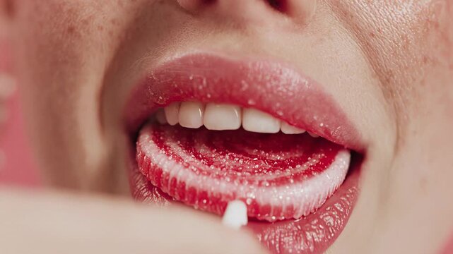 Extreme close-up of a woman's mouth seductively licking a red and white spiral lollipop