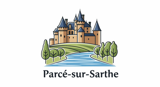 A stylized illustration of a castle on a hill above a river, with trees and greenery