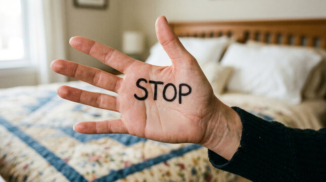 Close-up of a woman's hand with the word "STOP" written on the palm, raised in a firm gesture of rejection of harassment, setting clear boundaries to combat violence and affirming consent, against 