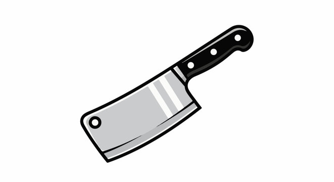 A stylized illustration of a chef's cleaver with a black handle and silver blade