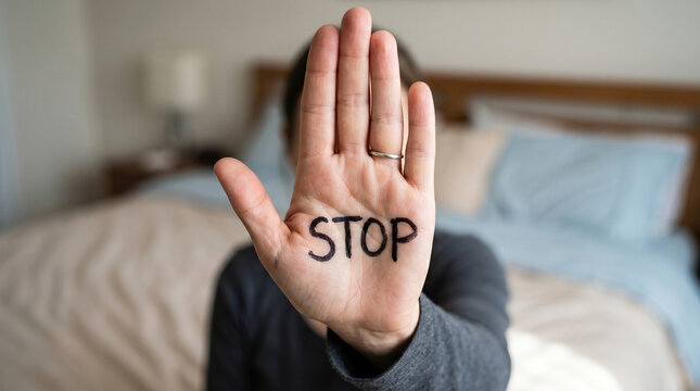 Close-up of a woman's hand with the word "STOP" written on the palm, raised in a firm gesture of rejection of harassment, setting clear boundaries to combat violence and affirming consent, against 