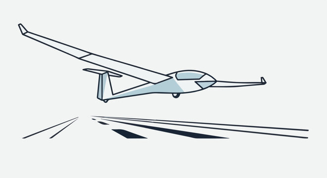 A simple line drawing of a white and light blue glider soaring above a runway
