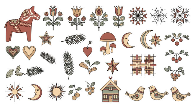 Collection of whimsical Nordic inspired icons and symbols.