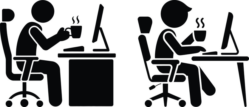 Two professionals working at their desks with coffee cups during a workday