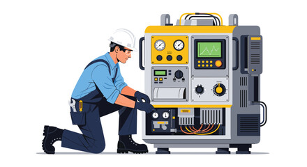 Fototapeta premium A professional mechanic wearing a white hard hat and blue overalls kneels to carefully inspect the gauges and dials of a complex industrial machine.