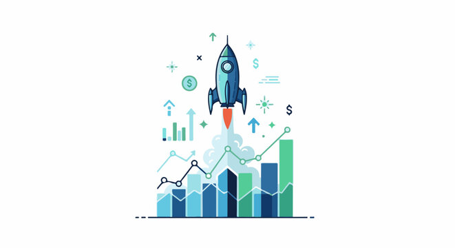 A rocket blasts off, surrounded by upward trending bar charts and line graphs