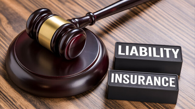 A gavel and blocks with liability and insurance on a wooden table  