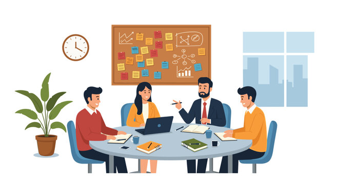 Four diverse business professionals sit around a round grey table in a bright office featuring a large corkboard covered in many colorful sticky notes.