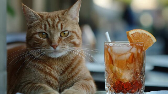 Red tabby cat resting on a table next to a glass of cold aperitif on a sunny day