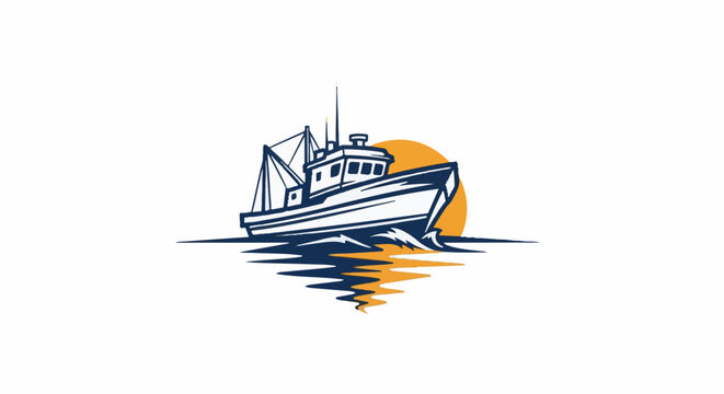 A stylized illustration of a fishing vessel at sea, with a prominent sun setting behind it