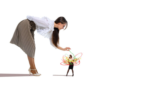 Large businesswoman controlling small stressed employee swirled with handmade drawings. Concept of pressure, micromanagement, power imbalance, workplace stress and toxic leadership behavior.
