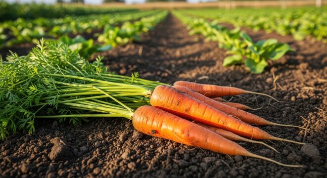 Freshly Harvested Orange Carrots With Green Tops Lying On Rich Dark Soil In A Field