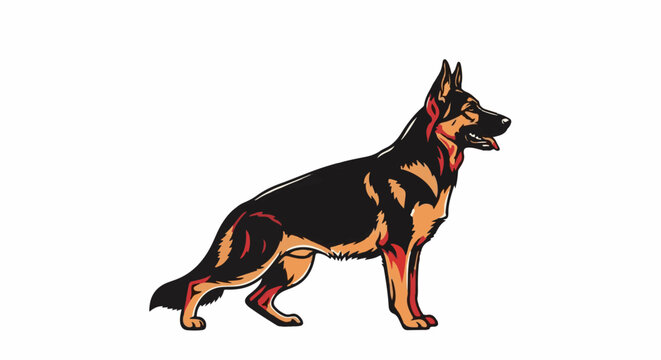 A stylized illustration of a German Shepherd dog standing alert
