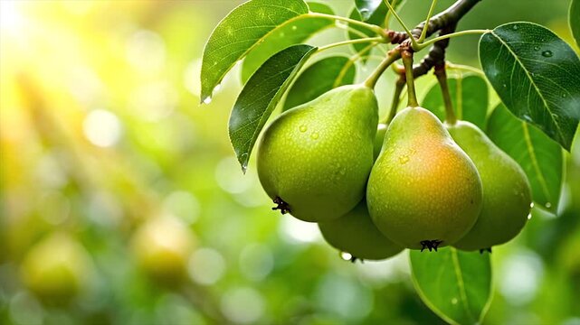 green pears hanging from tree branch with leaves