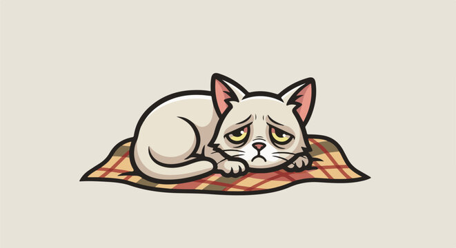 A sad, light-colored cartoon cat with yellow eyes lies on a plaid blanket