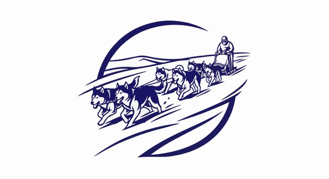 A team of sled dogs pulling a person through a snowy landscape under a curved line