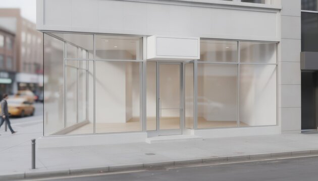 Streetfacing retail shop exterior with clean window displays and a rentable sign the blurred urban environment emphasizing the stores potential.