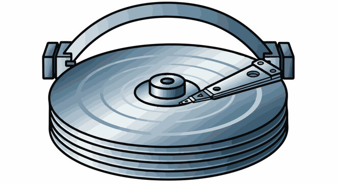 A stylized isometric illustration of a hard drive's internal components, focusing on stacked platters and read/write arm