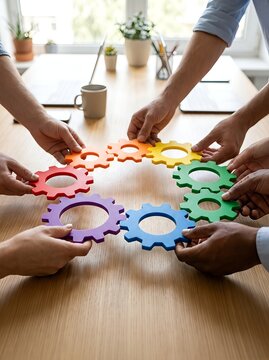 Hands joined with vibrant colored gears forming a unity circle. Symbolizes teamwork and collaboration.