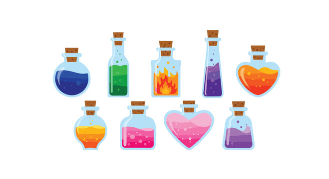 Nine unique glass potion bottles filled with vibrant blue green orange and pink magical liquids are arranged neatly against a clean white background setting.