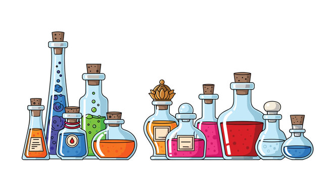 A collection of intricately detailed glass potion bottles with ornate stoppers and labels contains vibrant red blue and green liquids under bright lighting.