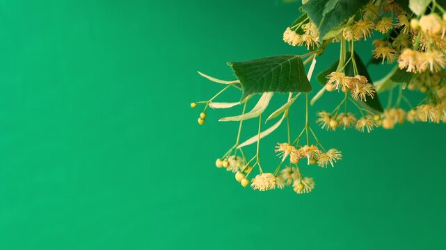 Blossoming linden tree with flowers on a green screen