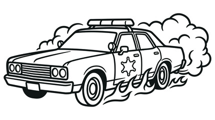 Vintage police car line art illustration with tire smoke and flames. © GW