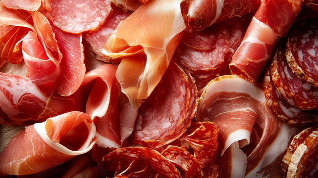 Top view of assorted charcuterie and salami slices, premium prosciutto and cured meat platter background, traditional italian antipasto texture, gourmet deli food concept.