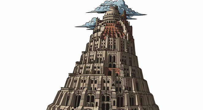 A towering, multi-tiered ancient structure with many windows and terraces, reaching into cloudy skies