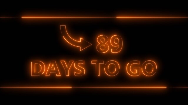 Neon bright text 89 day inside a horizontal banner orange color 4k illustration. Display day 89 text 4k illustration, calendar counter concept.