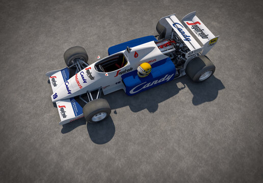 Toleman TG183B 1984 Formula racing car top view on textured ground 3D illustration