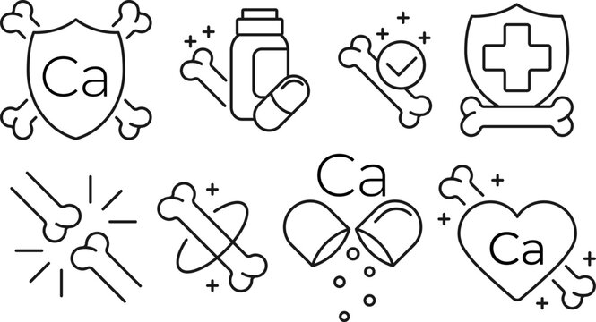 Minimal line icon set representing calcium benefits for bones, and supplements. Modern medical and healthcare illustration. Strong healthy bones icons. Editable stroke. Vector illustration