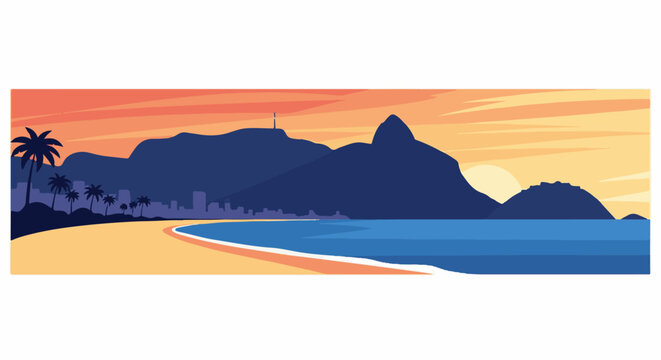 A vibrant coastal city skyline silhouette against a sunset backdrop
