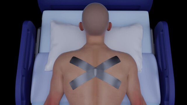 Rehabilitation and physiotherapy session with a man receiving kinesiology tape for back pain relief, wellness, reflexology, and biokinetics treatment. Health care and physical therapy support.