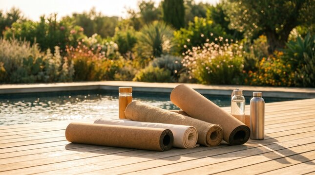 Eco-friendly yoga mats and reusable water bottles on wooden poolside deck. Wellness, mindfulness and sustainable fitness concept for summer retreat.