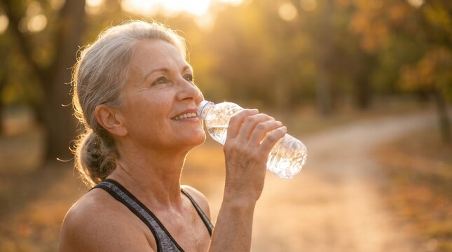 Active senior woman drinking water after exercise in a park during golden hour. Healthy aging, fitness and hydration for active seniors.