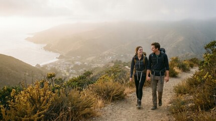 Obraz premium Young happy couple hiking on a mountain trail overlooking the ocean during golden hour. Outdoor adventure, active lifestyle and travel wellness.
