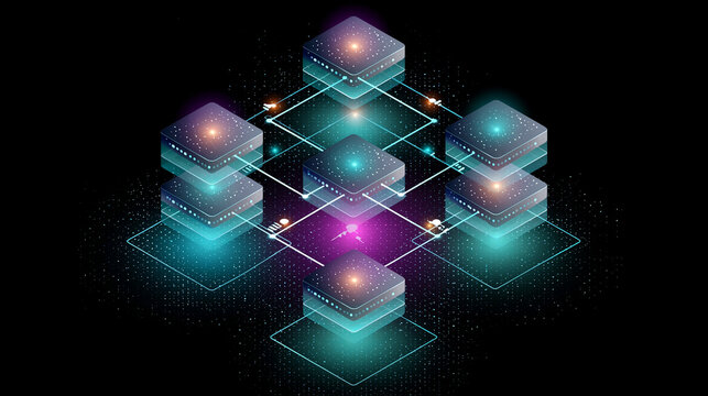 Distributed computing AI cluster data center network server scalable cloud processing grid, glowing nodes on dark background