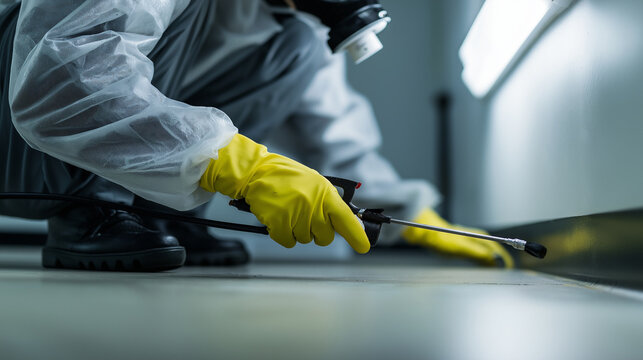 Extermination worker in protective suit and gas mask spraying disinfectant on floor, performing professional pest control, sanitation and decontamination service