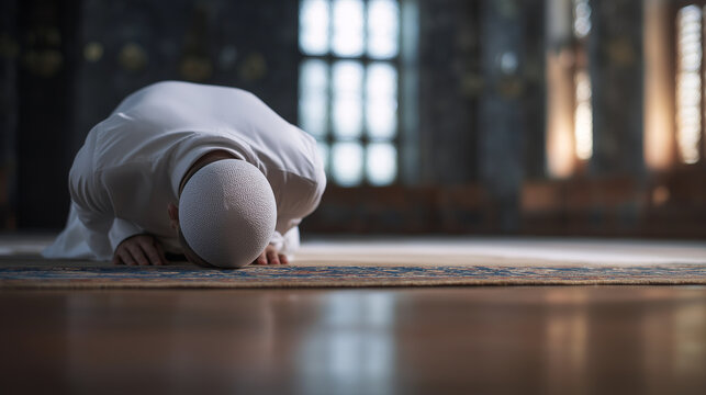 Muslim man performing sujud, prostrating in prayer on a prayer rug inside a mosque, showing devotion, faith, and spirituality during religious worship, copy space