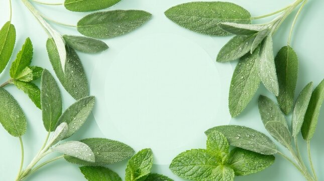 Fresh sage and mint leaves frame with central copy space on light green background. Natural wellness and organic herbal concept for beauty, health and skincare branding.