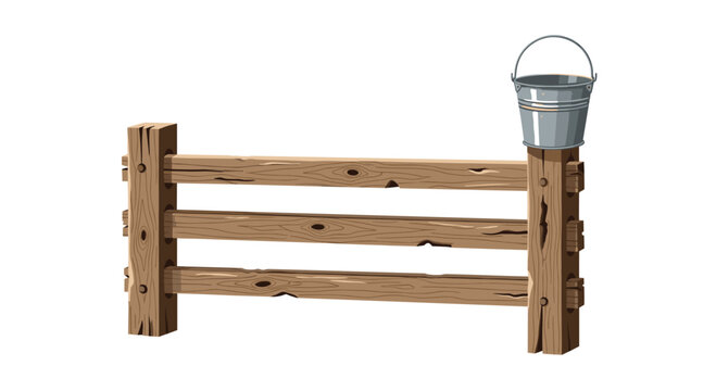 A rustic three-rail wooden fence with weathered textures and visible grain stands alone with a galvanized metal bucket resting on the right-hand post on white.