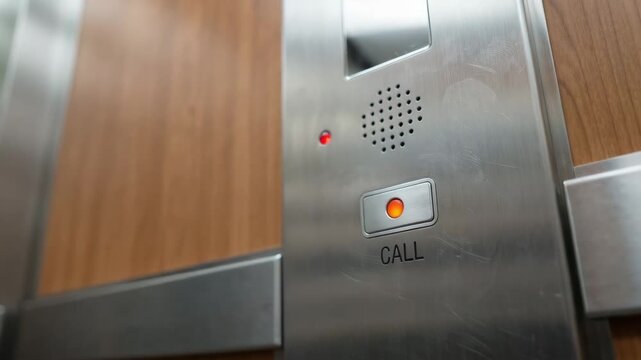A close-up of a man's hand pressing an emergency call button inside an elevator. This scene illustrates building security, workplace safety, maintenance services, and urban infrastructure.