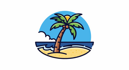 Obraz premium A stylized illustration of a tropical beach scene with a palm tree and ocean waves under a blue sky