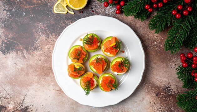 Avocado and salmon appetizer on the Christmas table. Canapes with fish and caviar. Top view